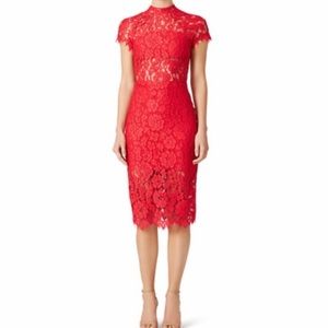 Alexis Leona red lace illusion midi dress